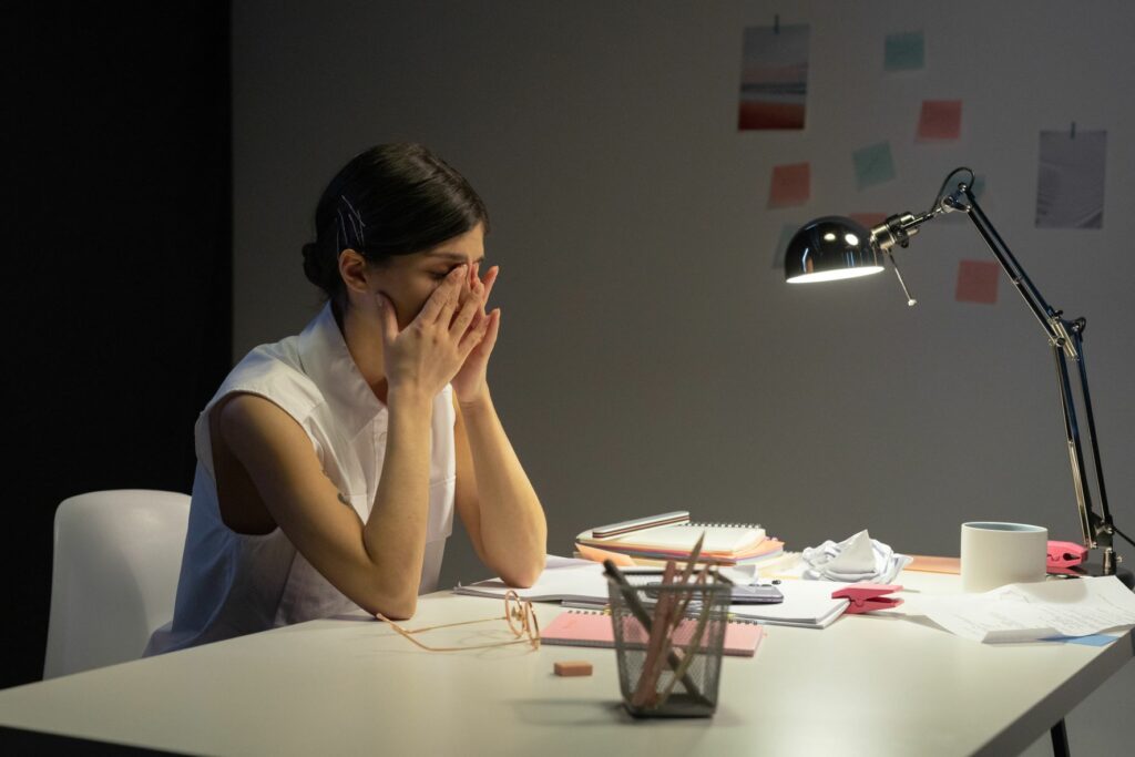 A stressed woman at work
