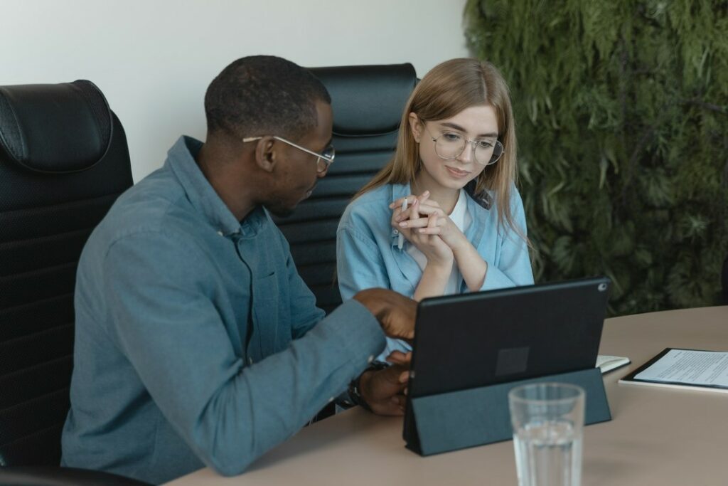Two people in a meeting