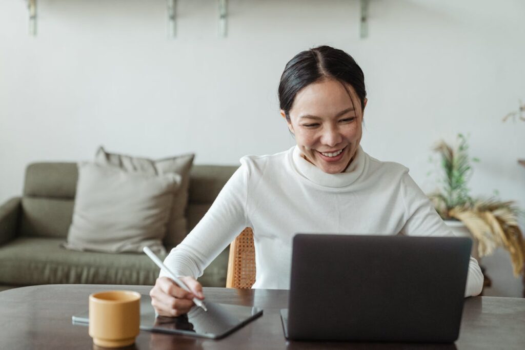 A woman working at home