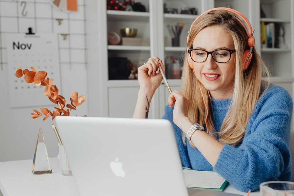 A remote worker in her office